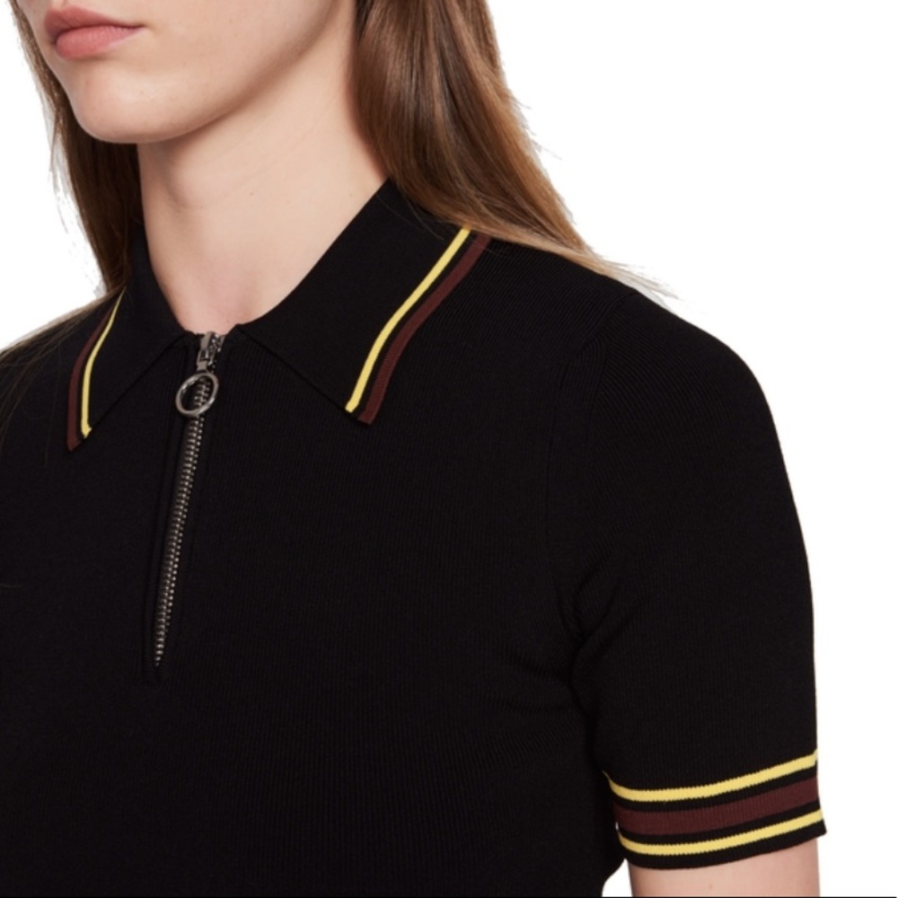 Sandro Black Polo Top with Yellow and Brown Trim